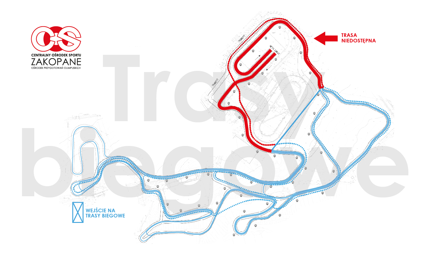 Mapa tras biegowych Centralnego Ośrodka Sportu Ośrodek Przygotowań Olimpijskich Zakopane.